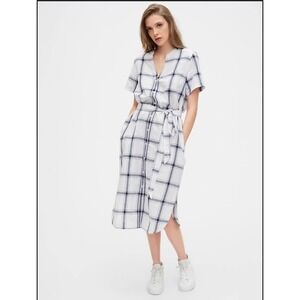 GAP Linen Blend Plaid Midi Shirt Dress Women 0 White Coastal Nautical Minimalist